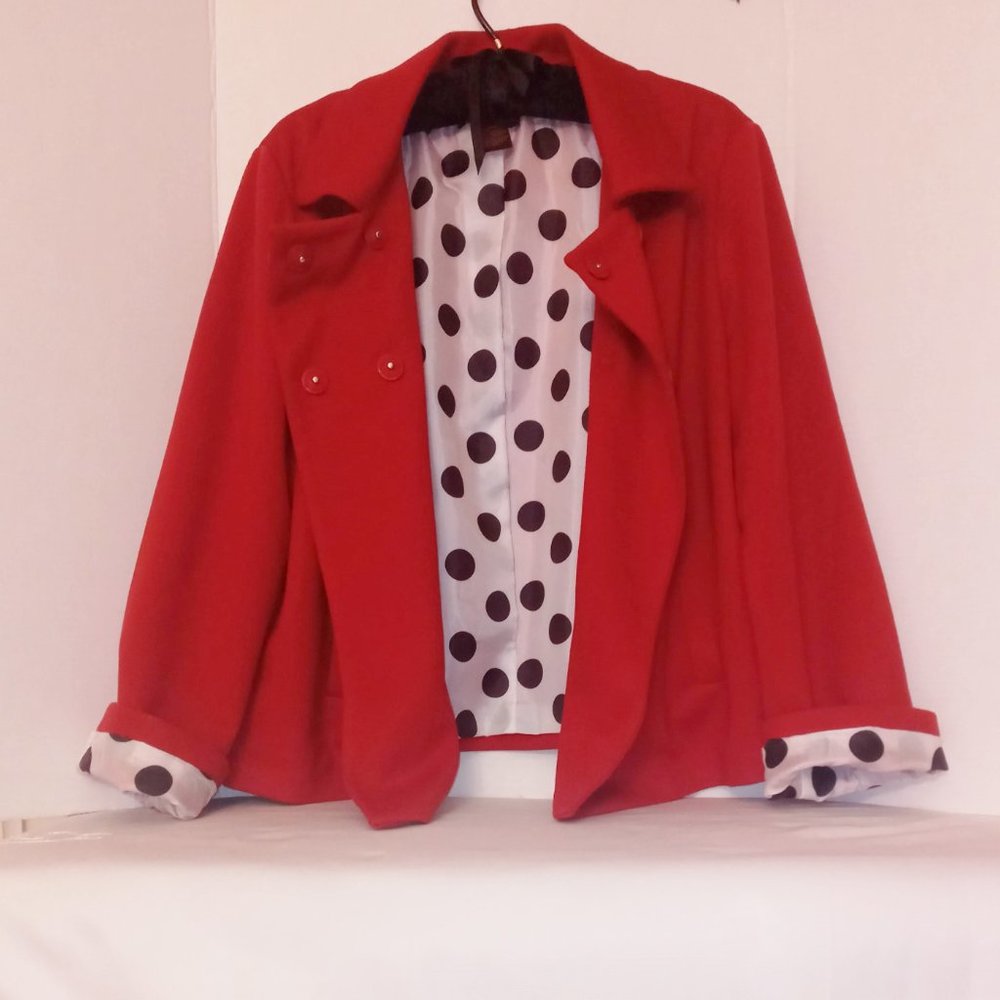 Red Waist Dress Jacket With Art Deco Patent Leather Buttons. Polka Dot Lining.